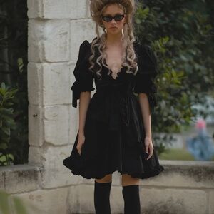 Selkie Black Puff Sleeve Mini Dress